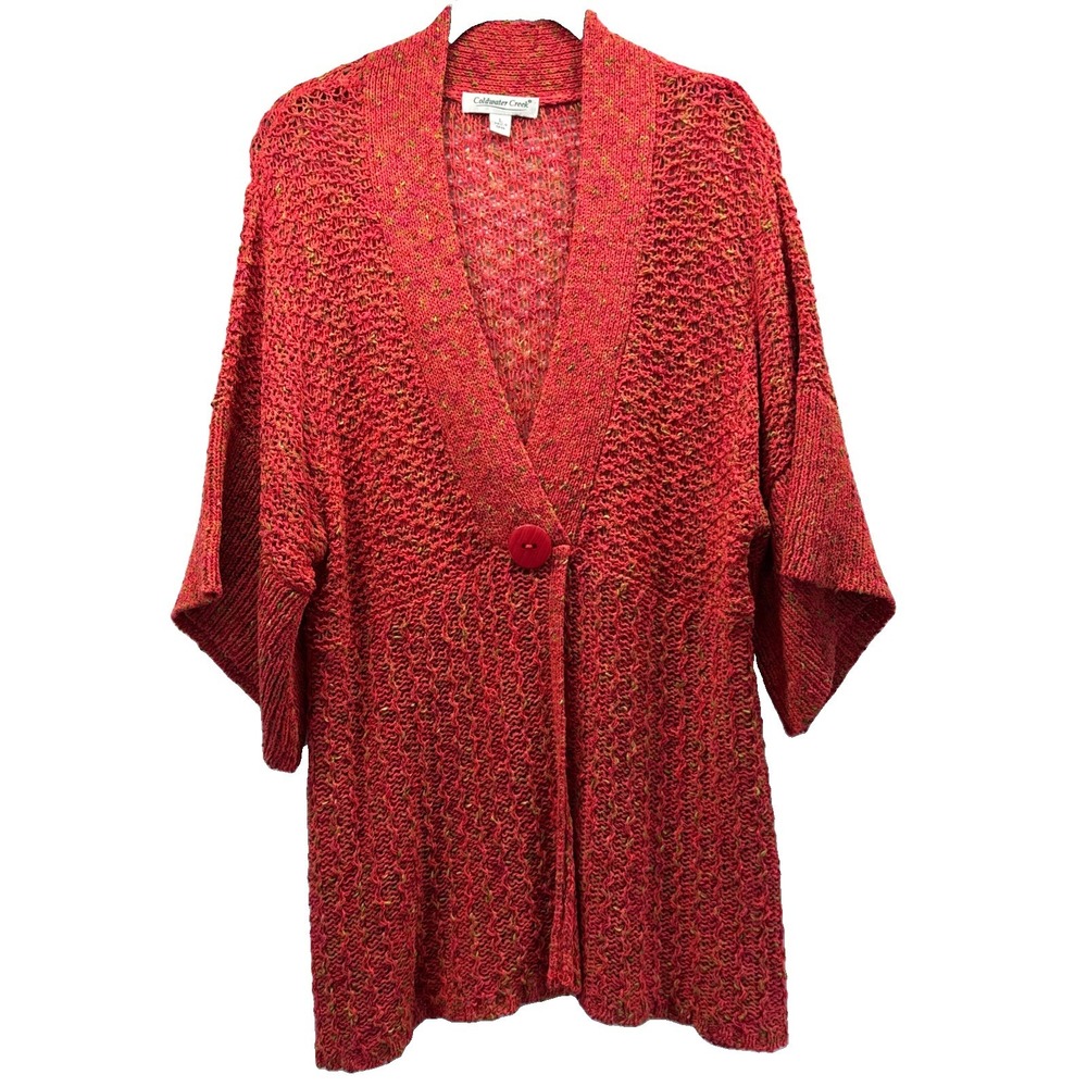 Coldwater Creek Women's Cardigan Tunic Sz Large BOHO Orange Speckles 3/4 Sleeves
